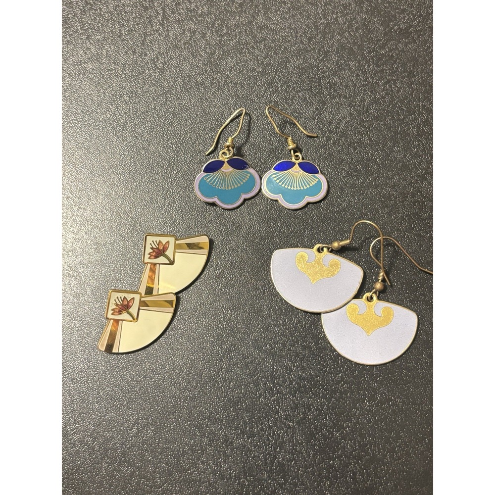 Vintage Enamel Laurel Burch Earrings Purple,Floral, Fan Shaped
